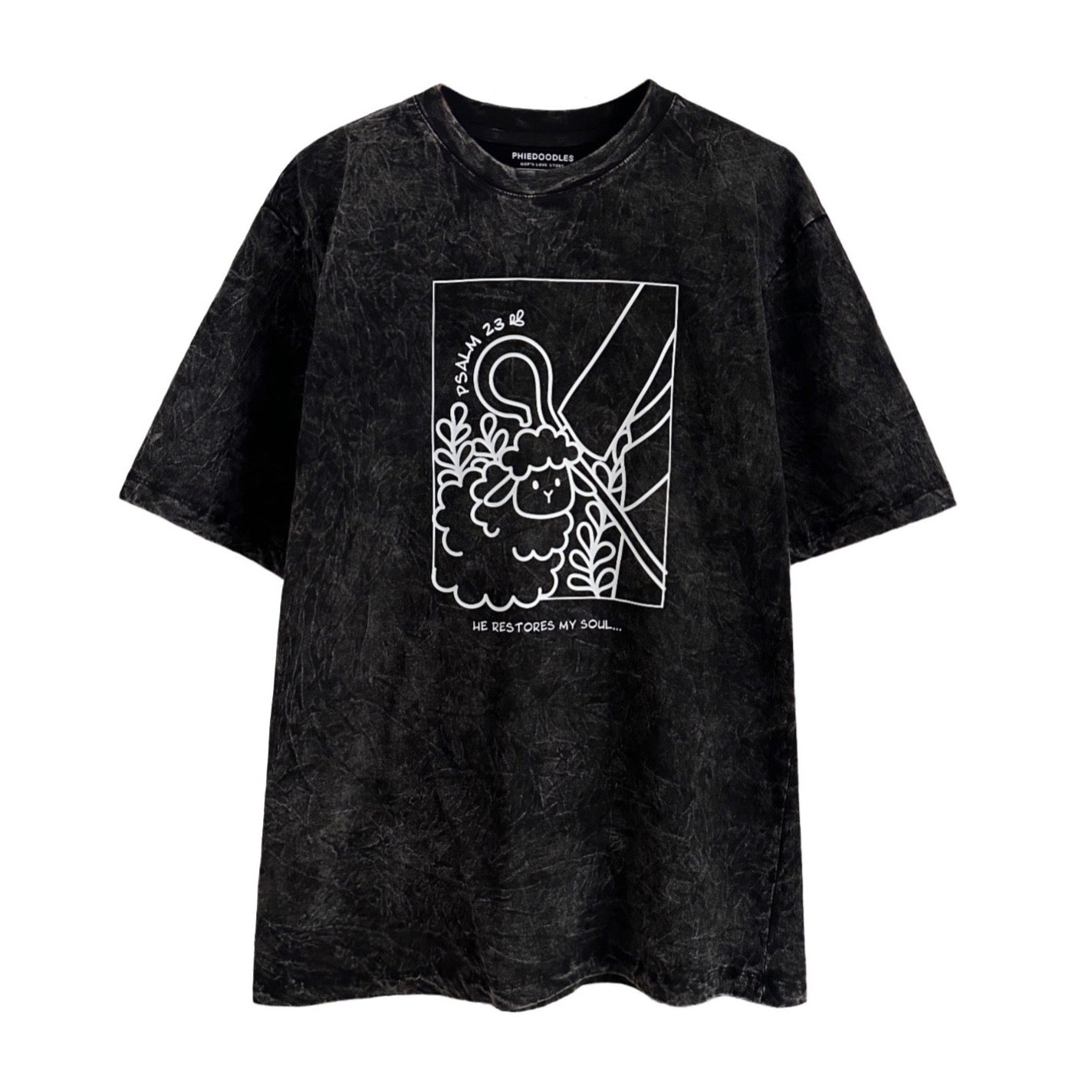 oversize t-shirt in stone wash color with a print of a sheep following the shepherd