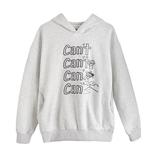 heather grey hoodie with embroidered message oj jesus carrying the cross making the word can't into can